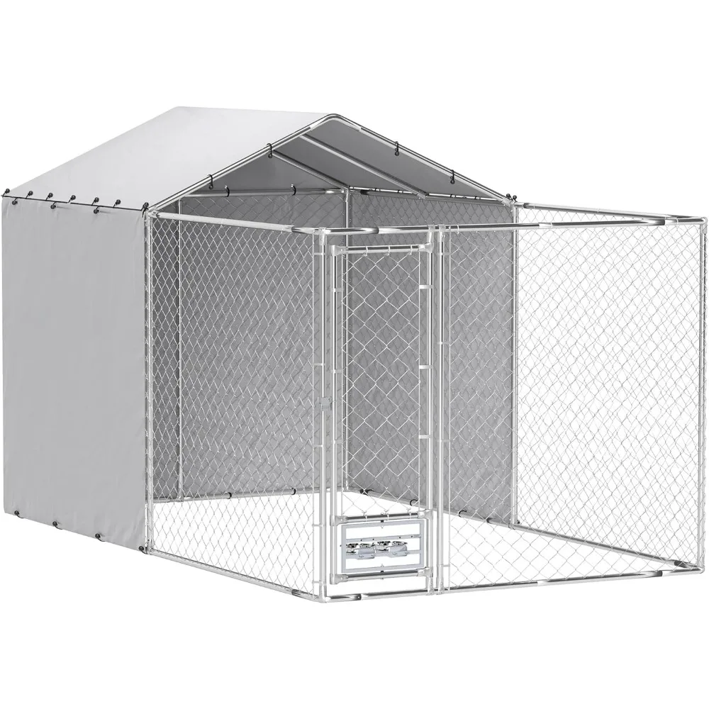 

Large Outdoor Dog Kennel, Heavy Duty Dog Kennel Outside with Waterproof & UV-Resistant Cover, Rotating Bowls Door, Galvanized C