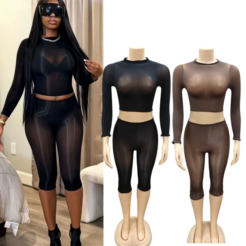 FAGADOER Women Sexy See Through Two Piece Outfit Long Sleeve Crop Top and High Waist Capri Leggings Club Party Night Out Set New