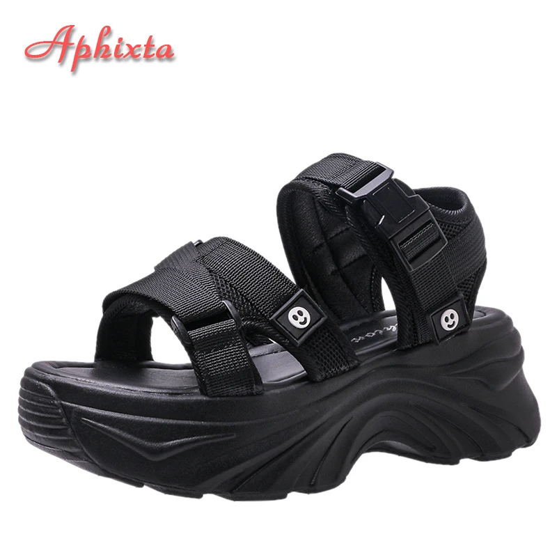 Aphixta 2023 Buckle Height Increaming Canvas 6.5cm Wedge Heel Platfom Sandals Women Shoes Black Thick Bottom Slides