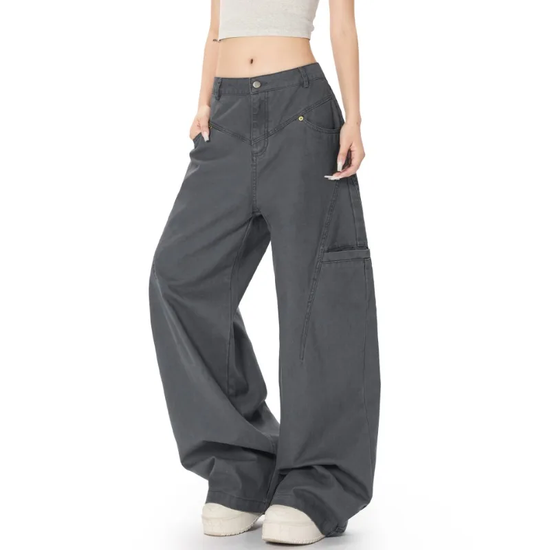 OR FL Retro Multiple Pockets American Style Staraight 100 Cotton Women Cargo Trousers Trendy Brand Design Sense Wide Leg Pants