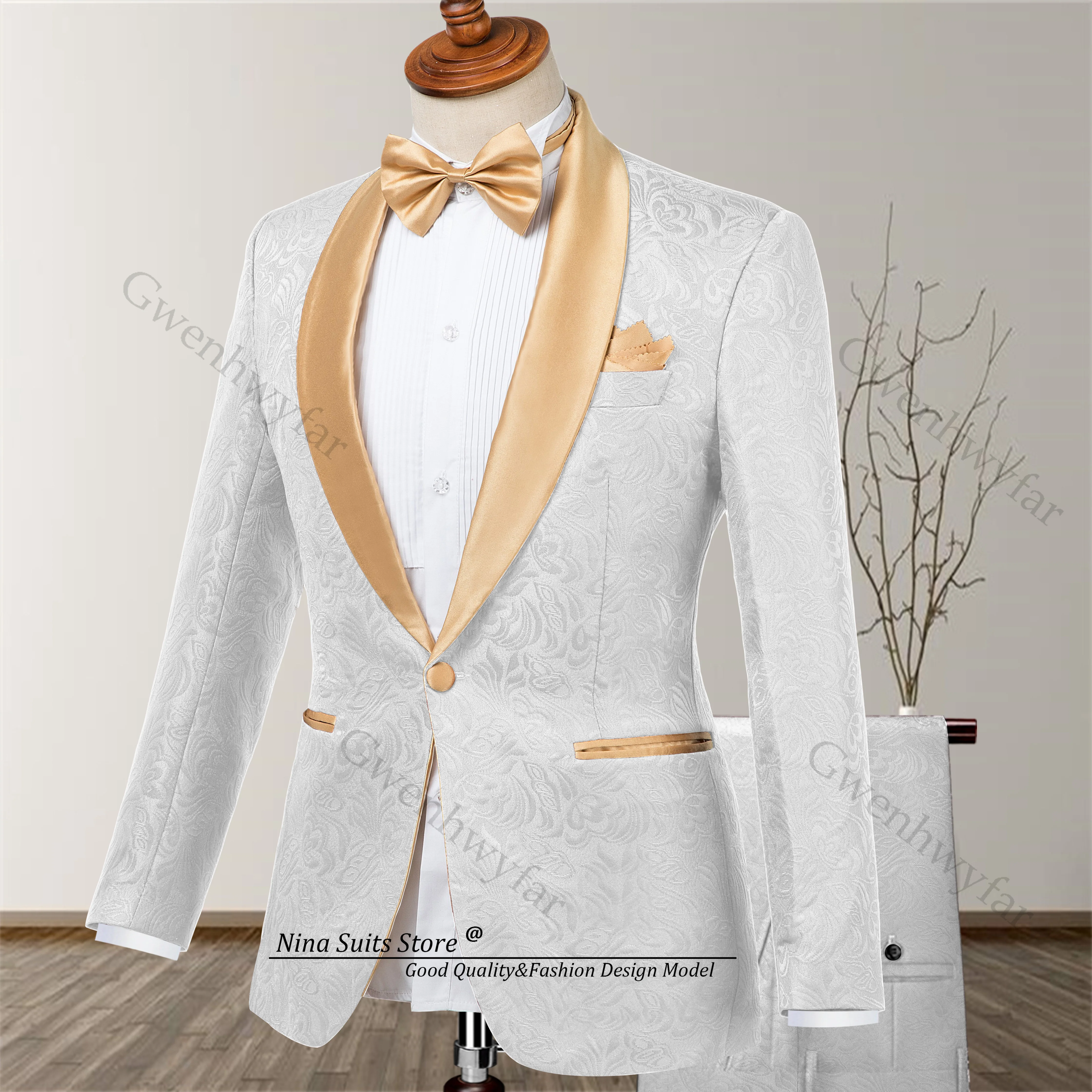 

Nina Store Костюмы Jacqaurd на заказ цвета слоновой кости с узором пейсли, блестящий золотой пиджак с лацканами, комплект брюк, 2025 г., высококачественные мужские костюмы для свадебной вечеринки
