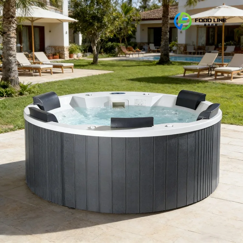 2026 New FL Customized Modern Acrylic Wood 4-5 Persons Spa Massage Bathtub  for Indoor / Outdoor Bathroom Hotel Use