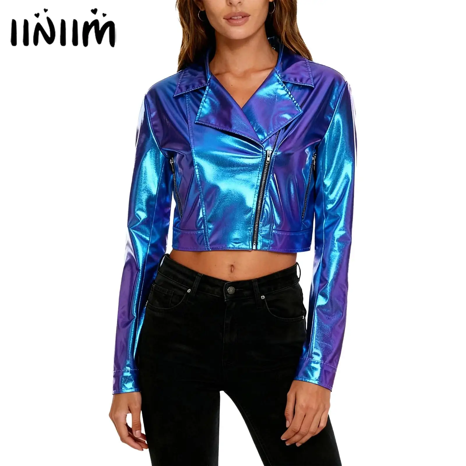 

Женская байкерская моторная куртка Клубный костюм для вечеринки Металлическая блестящая укороченная куртка с лацканами и длинными рукавами с боковой молнией Укороченная верхняя одежда