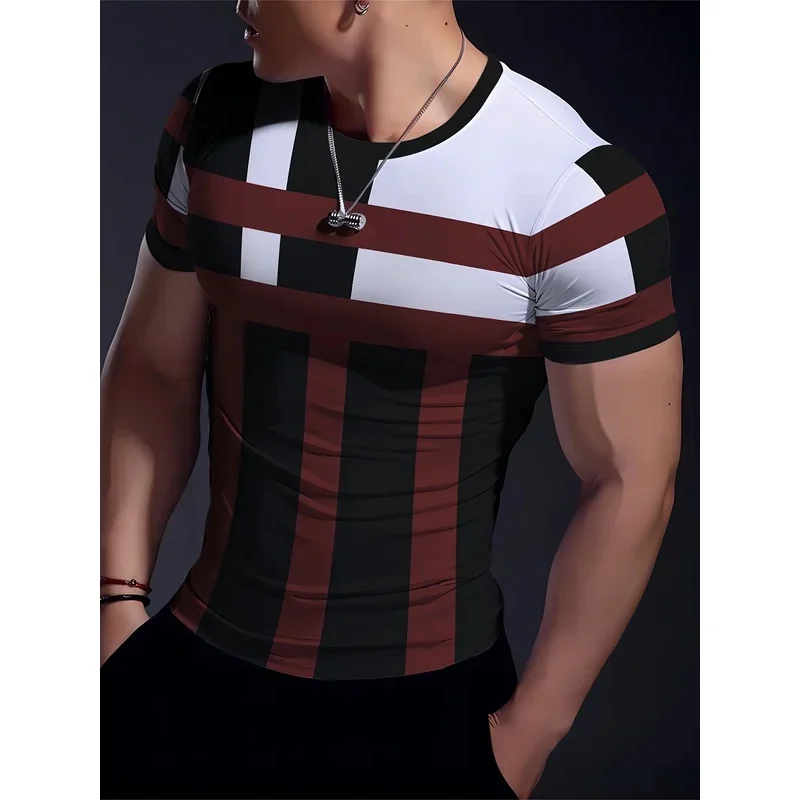 Men's Quick Dry T Shirt High Stretch Color Block Vertical Horizontal Striped Short Sleeve Breathable Crew Neck