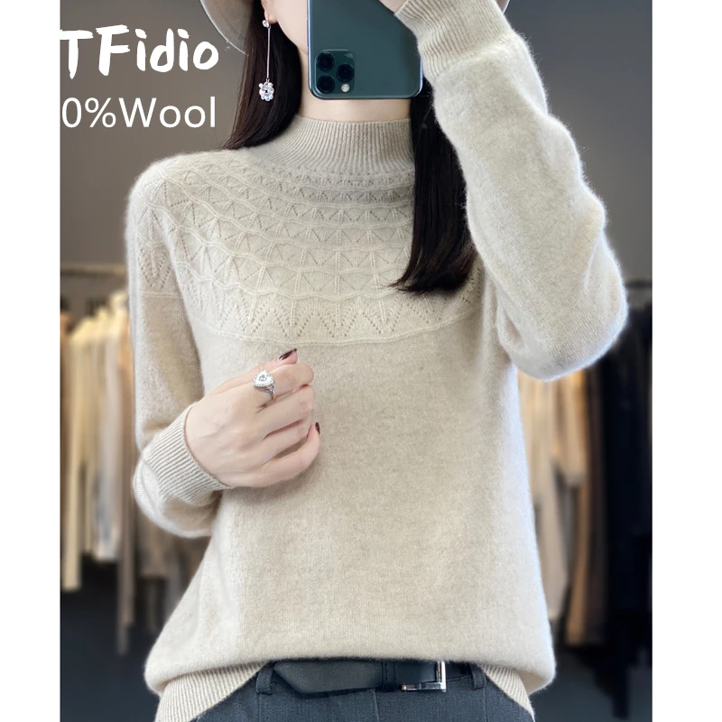 YTFidio 100% wełna kobiety Mock-neck drążą półwysoki kołnierz golf wąskie swetry jednolity sweter bluzki damskie 92