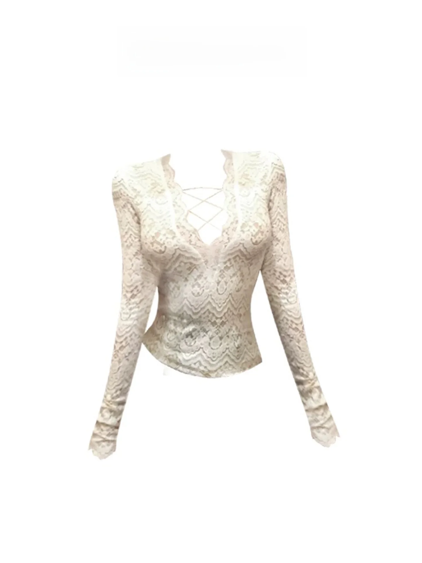 Camiseta Interior de Encaje con Cuello en V para Mujer, Otoño Invierno, Sexy, para Chicas Curvilíneas, Ajustada, Estilo Moderno