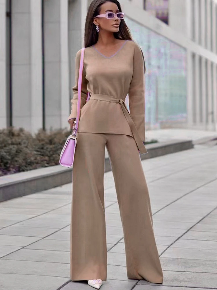 Autumn Sweater Pantsuit Women Lace Up Knitted Two-Piece Set Ladies Elegant Office Lady Wide Leg Pant Suit Female Chic V Neck Top