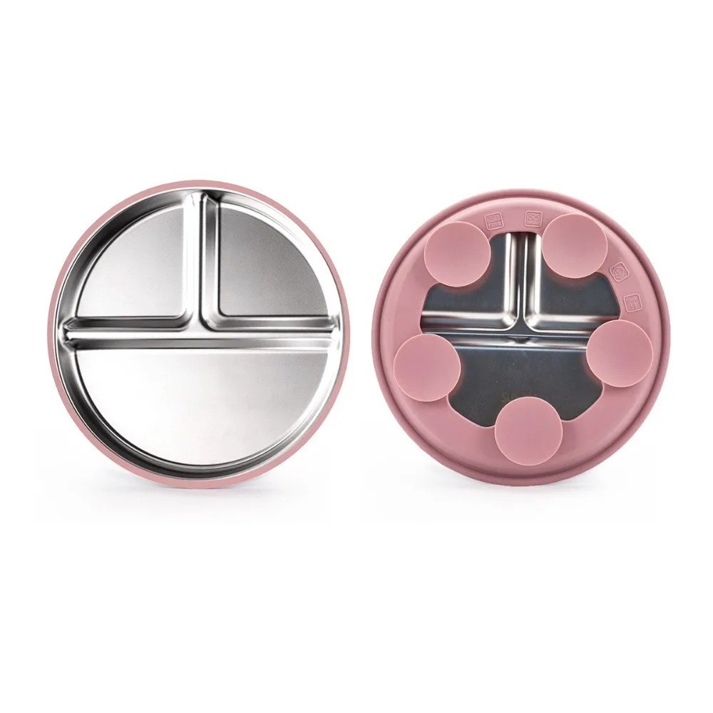 

Silicone Suction Cup Baby Sucker Dining Plate 304 Stainless Steel Divided Design 3 Grids Children Dishes Non-Slip Anti-fall