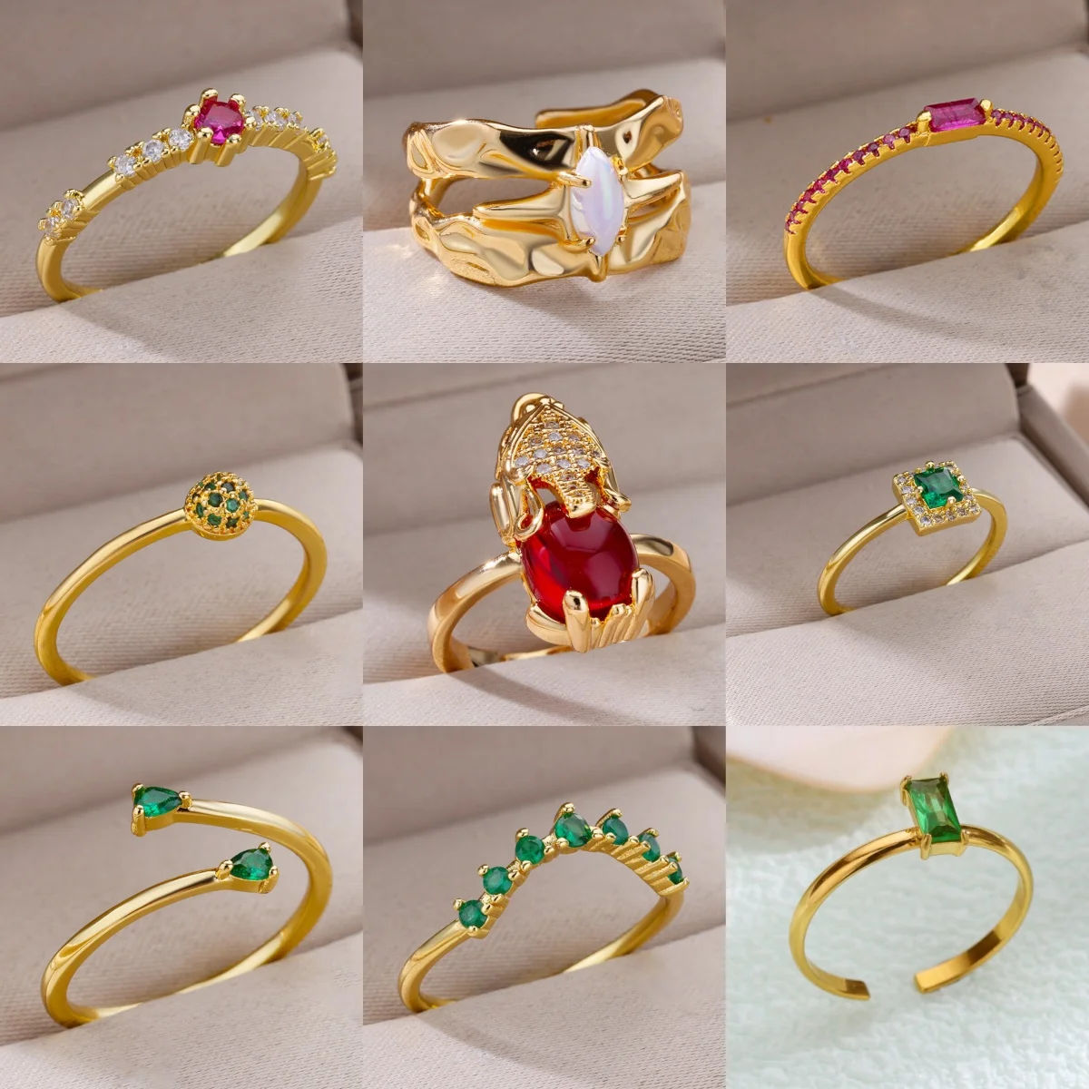 Minimalistische grüne Zirkon-Damenringe, vergoldet, doppelschichtig, klassischer Party-Schmuck, Ring, Geschenk, kostenloser Versand