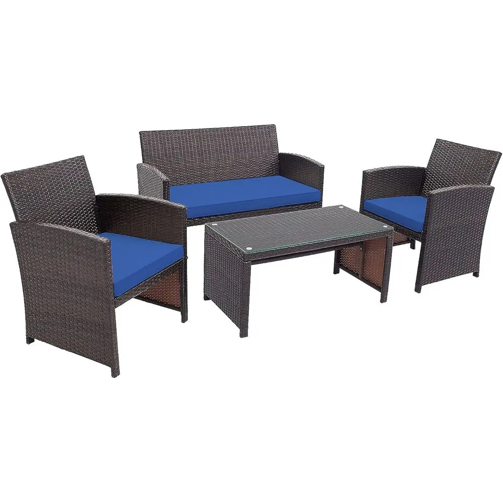 

4-Piece Navy Outdoor Wicker Patio Furniture Set with Chairs, Loveseat, Coffee Table, and Cushions