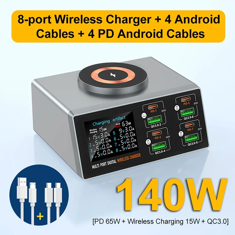 140W Charging Station Wireless Charger PD45W QC3.0 | LCD Display | APP Monitoring | Multi-Device for iPhone/Samsung/Tablet