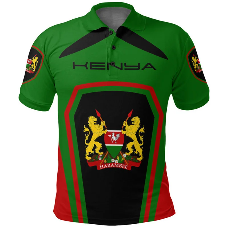 Kenya Tribal Emblem 3D Printing Polo Shirt The Republic-of Kenya Map Flag Graphic Polo Shirts Vintage Fashion Polo T Shirt Men