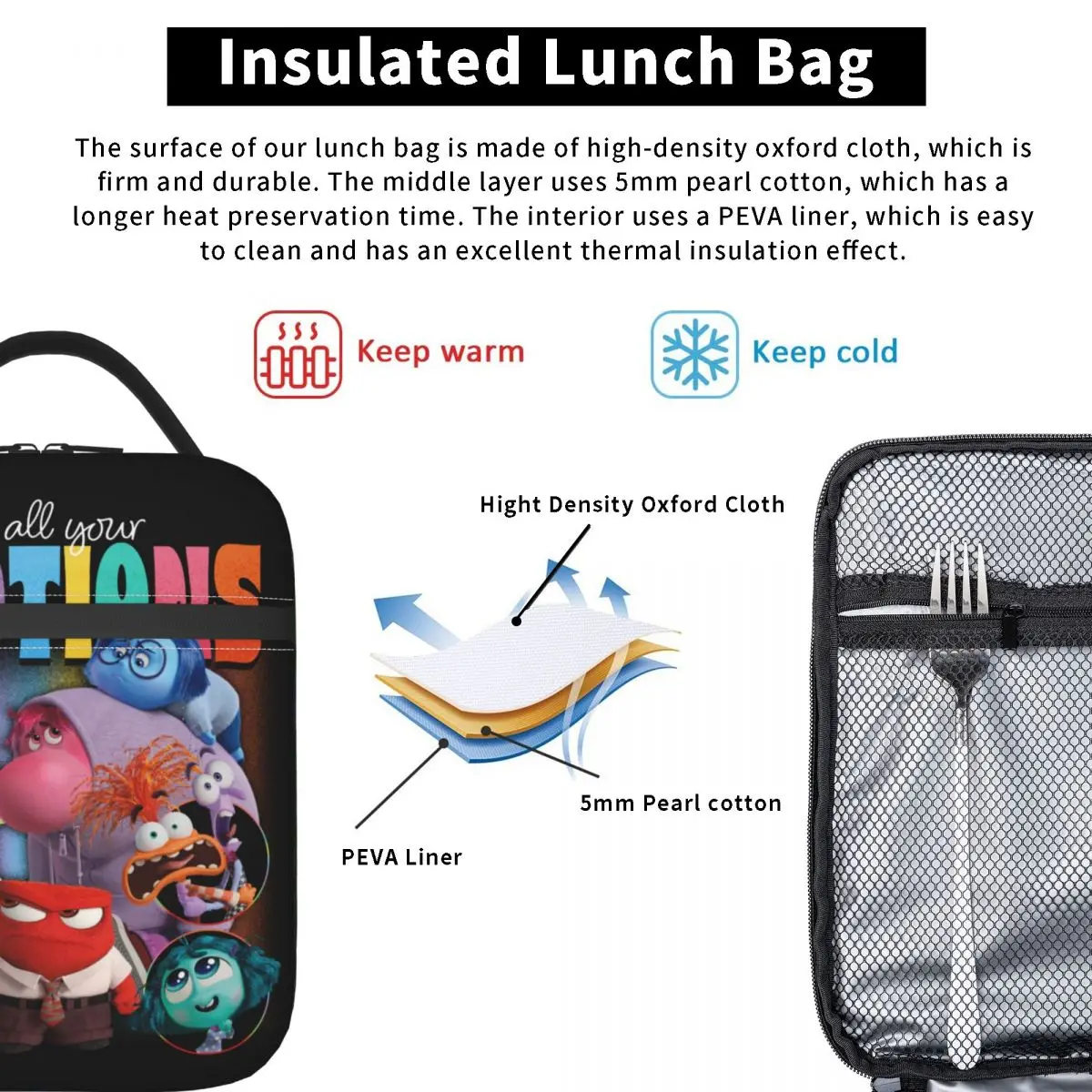 Lunch Bag isolado para mulheres e crianças, Leakproof, refrigerador térmico, lancheira, Custom Inside Out Feel Emotions, piquenique ao ar livre