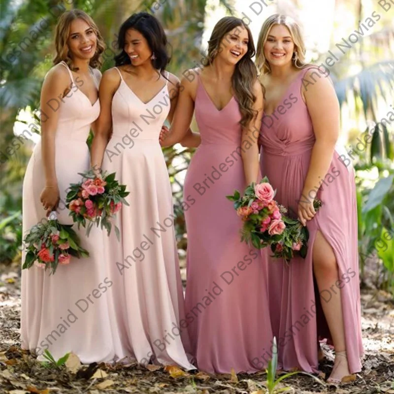 

Customized Formal Plus Size Women Long Bridesmaid Dresses A Line Side Split A Line Pink Wedding Party Guest Dress