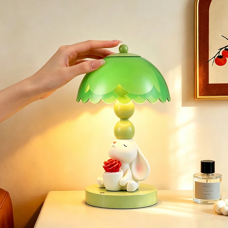 Cute Lop Rabbit Rose Table Lamp Green Scalloped Lampshade Warm Night Light Bedroom Desktop Sweet Ambient Decor Lighting Ornament