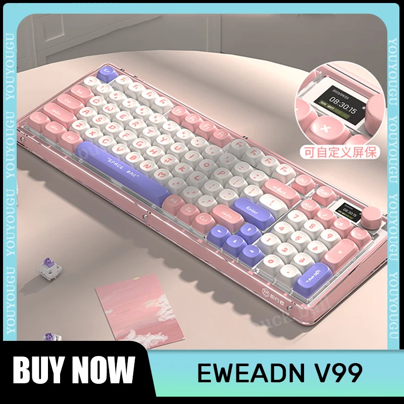 

Eweadn V99 Mechanical Keyboards Wireless Bluetooth 3-Mode With Screen Knob Hot-Swap Keyboards Gasket RGB Office Gaming Keyboards