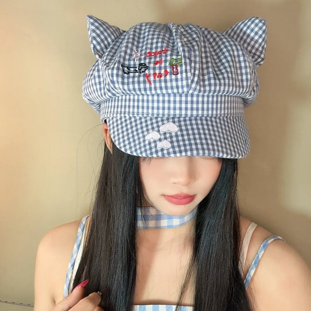 Sweet Plaid Cat Ear Beret Hat for Women Fresh Spring Summer Painter Cap Face Slimming Newsboy Hat