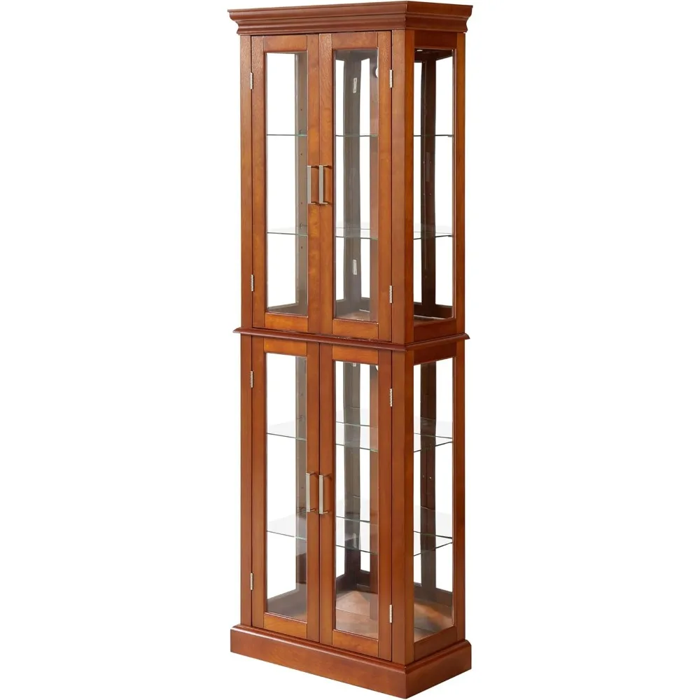 خزانة عرض خشبية مضاءة مع أرفف من الزجاج المقسى قابلة للتعديل، خزانة تخزين ذات لهجة عتيقة