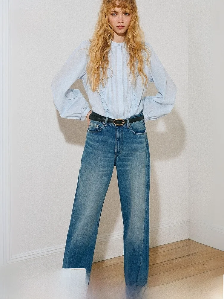 

H&M Women's Cotton irt Spring 2026 Casual Sle Long Sve Commute Faion Pleated Top Button Design Pure Cotton Material