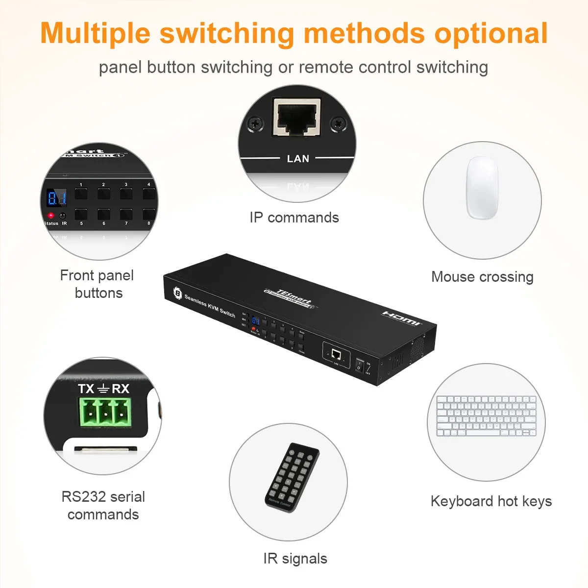 Interruptor Kvm sem costura IR 8X1 mais vendido com switcher PIP EDID 4k @ 30hz USB2.0 Hdmi Kvm Switch