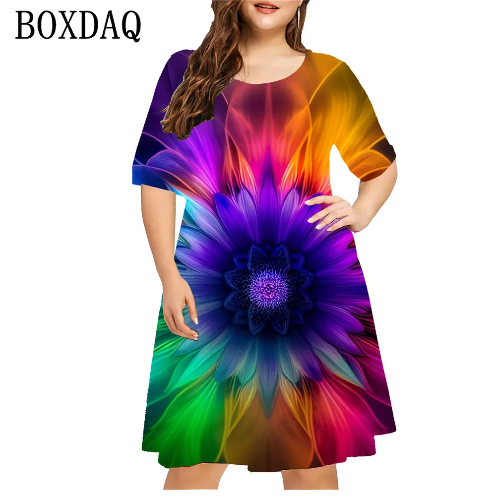 2024 Fashion Women\'s Dress Summer Colorful Flower O-Neck Loose Short Sleeve Dress Casual 3D Print Loose Mini Dress Plus Size 9XL