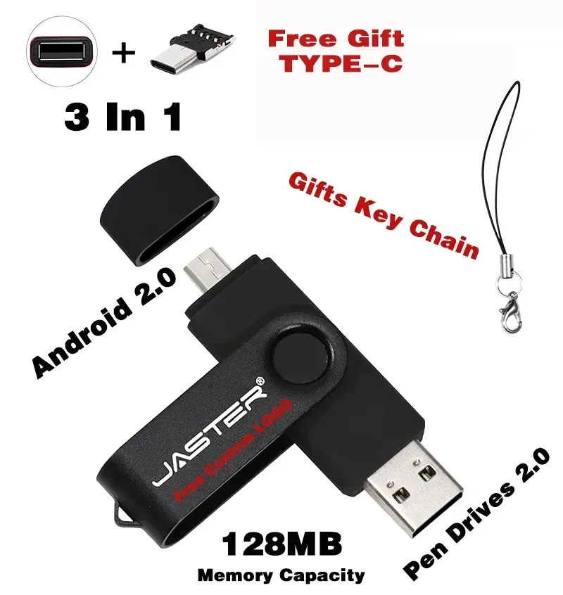 JASTER OTG TYPE-C 3 In 1 Pen Drives 128GB Black USB Flash Drive 64GB Gifts Key Chain Memory Stick 32GB Wedding Photography Gifts