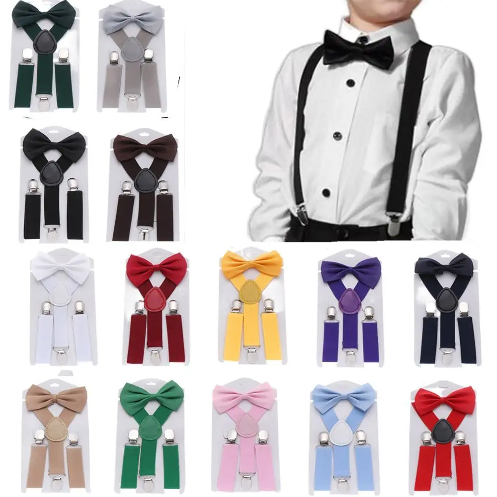 Braces Straps For Boys For Girls Solid Color Strap Strap Clip Bow Tie Hanging Pants Clip Tie Suspenders Set Suspenders Clips