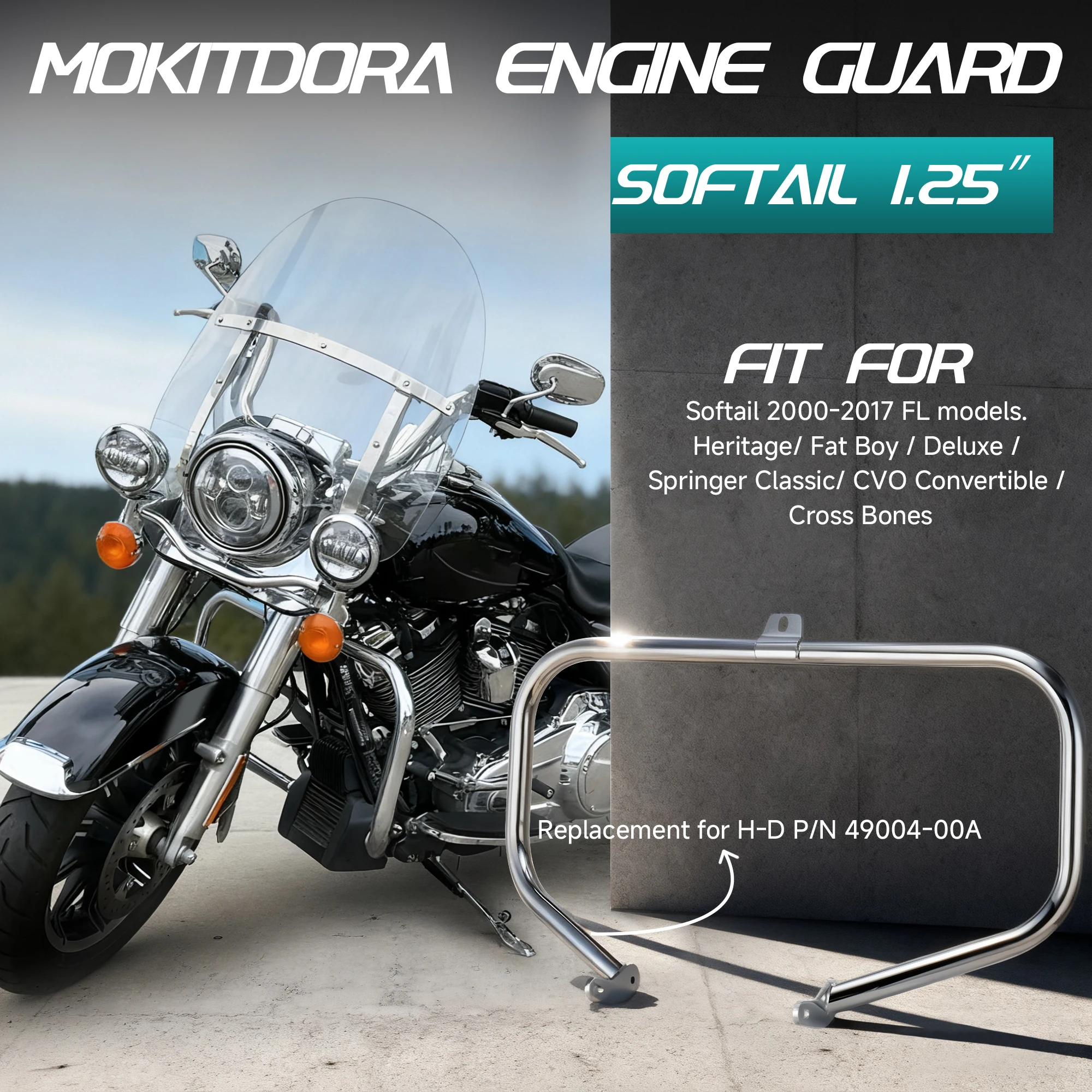Chrome Engine Guard 1.25" Crash Bar Protector for Harley Softail FL Heritage Classic Fat Boy Deluxe Springer Classic 2000-2017 view 2
