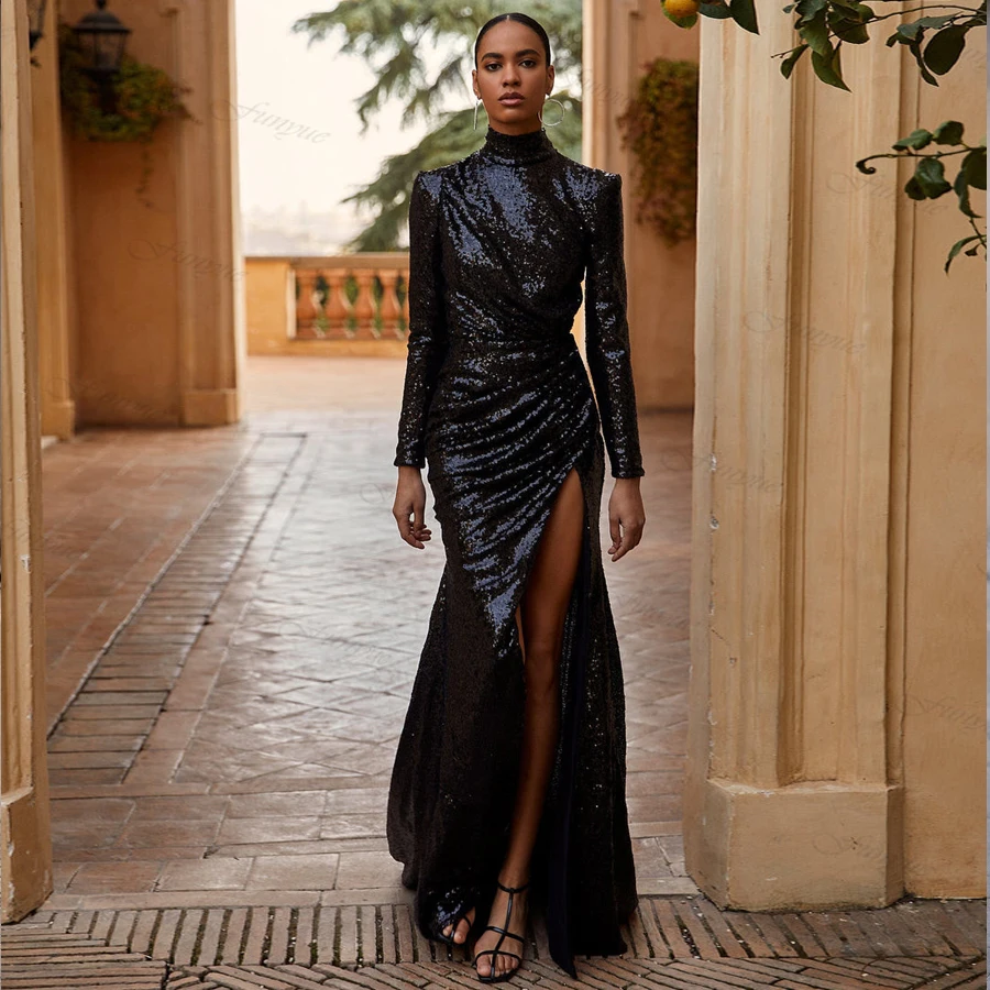 

Sparkly Sequins Elegant Party Evening Dress Mermaid 2023 High Neck Long Sleeves Evening Gown High Slit Sexy Formal Prom Dresses