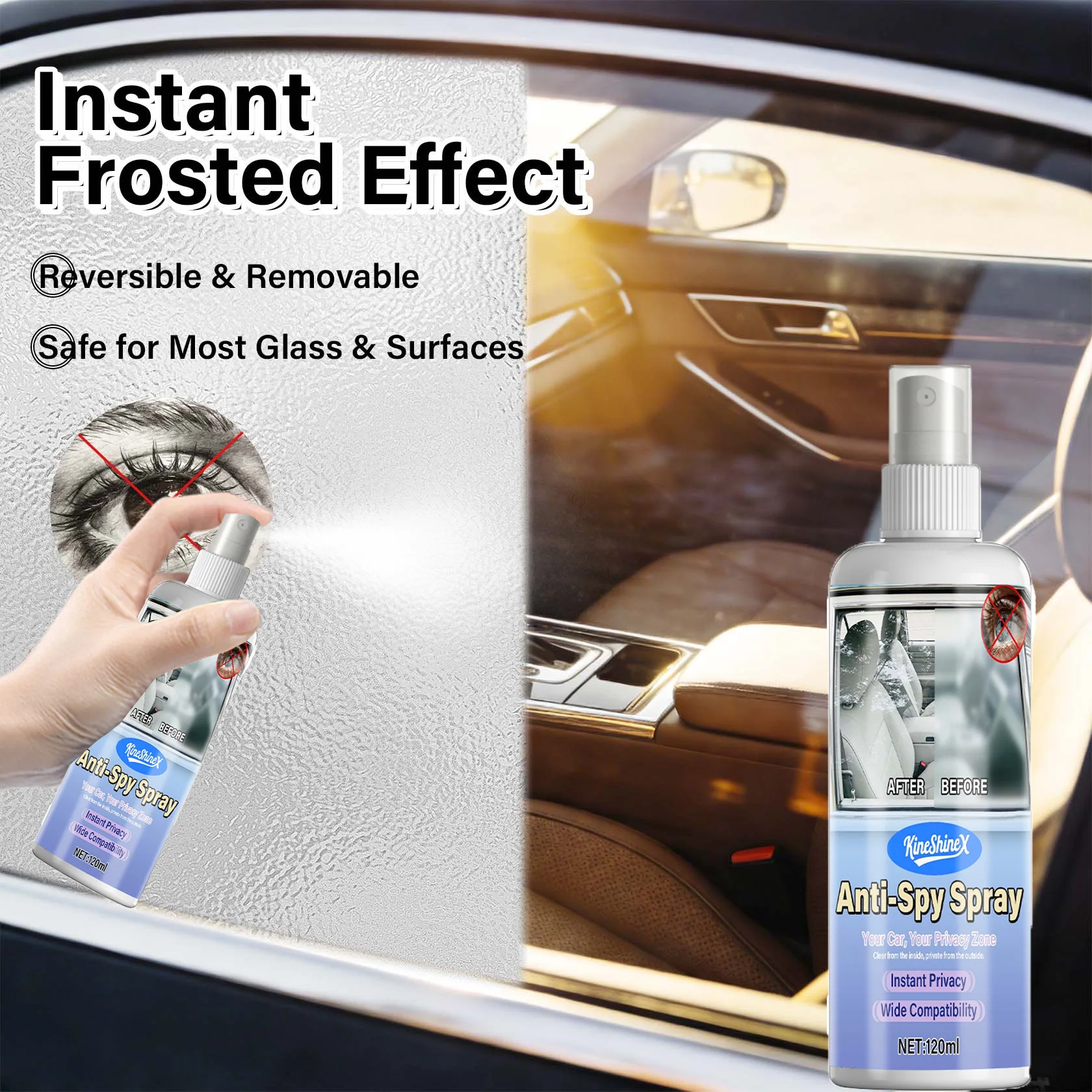 120ml Anti-Spy Spray: Instant Privacy Frosted Film for Car & Home Glass, Reversible & Removable, Clear Inside, Private Outside