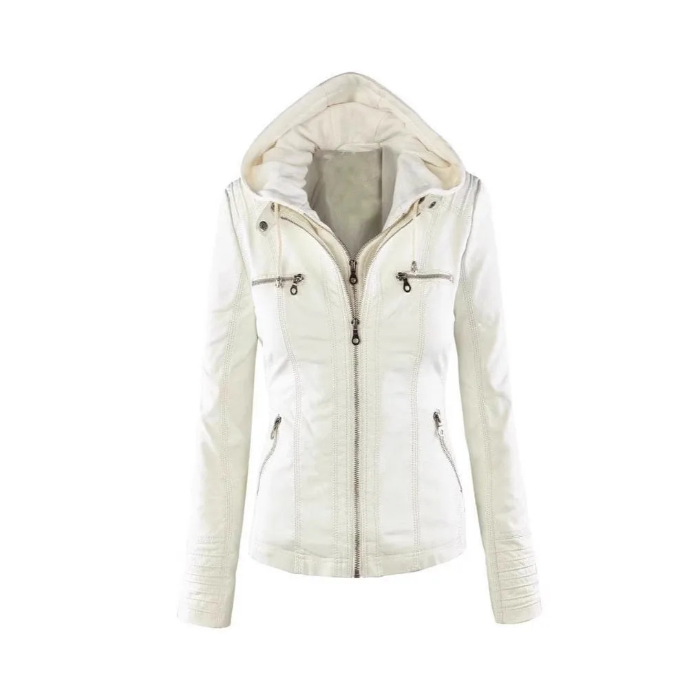 Fashionable Zipper Pure Color Short Jacket Women's Large Size Collar Flip Leather Coat Wish Stylish Workwear Style Spring Out...