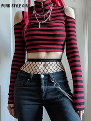 Punk Y2k Red Stripe T Shirt Women Zipper Sexy Off Shoulder Bodycon T-shirt 2000S Gothic Mall Knitted Crop Top Fairy Alt Clothes