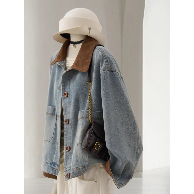 

Color-Block Turn-Down Collar Women, Autumn New Korean Style Corduroy Patchwork Casual Top