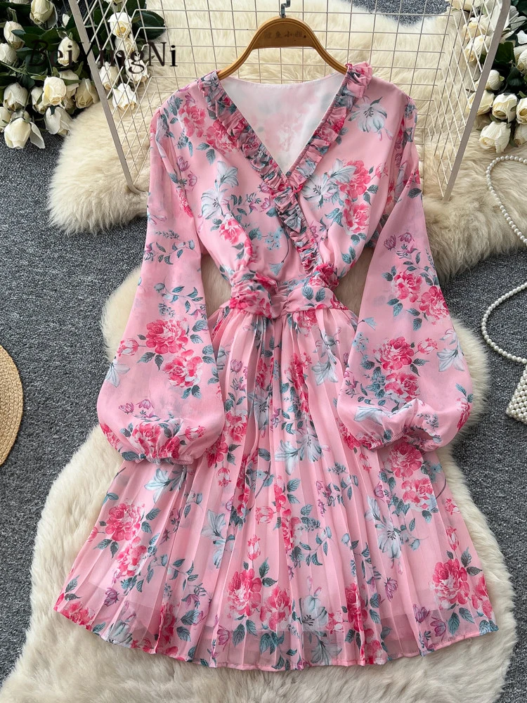 

Beiyingni French Floral Printed Mini Dresses for Women Summer Chiffon Pleated Short Dress Female Elegant Luuxry A-line Dress New
