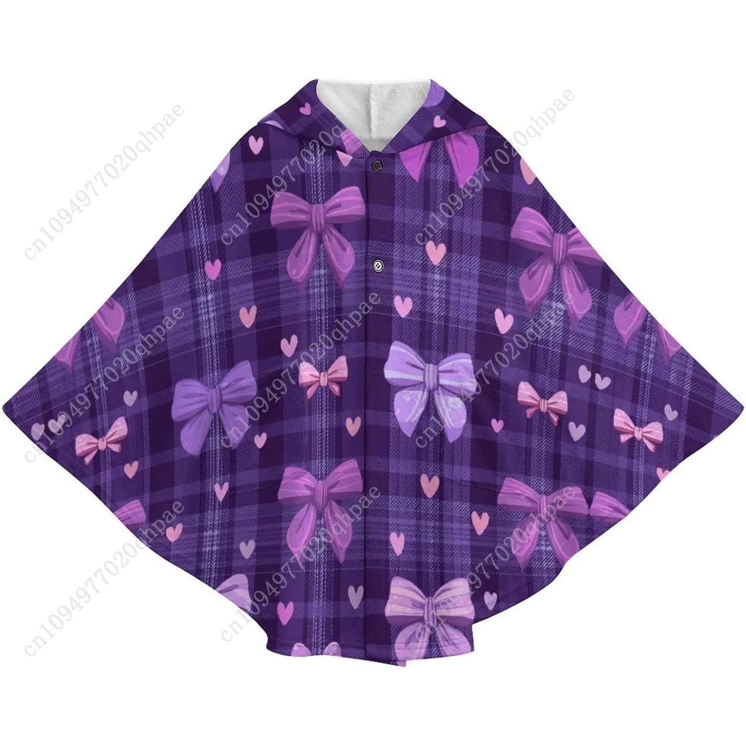 Comodo maglione coperta in flanella, felpa con cappuccio oversize scozzese con fiocchi viola con tasche per bambini e adolescenti