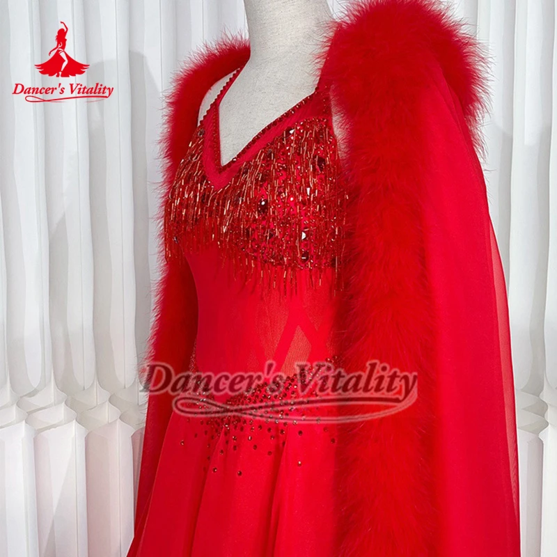 ชุดเดรสเต้นรำบอลรูมสำหรับผู้หญิง แต่งขนนก สำหรับผู้ใหญ่ ระดับขั้นสูง แบบสั่งตัดได้ สำหรับเต้นรุมบ้า ควิกสเต็ป วอลซ์ แทงโก้ ชุดแข่งขัน