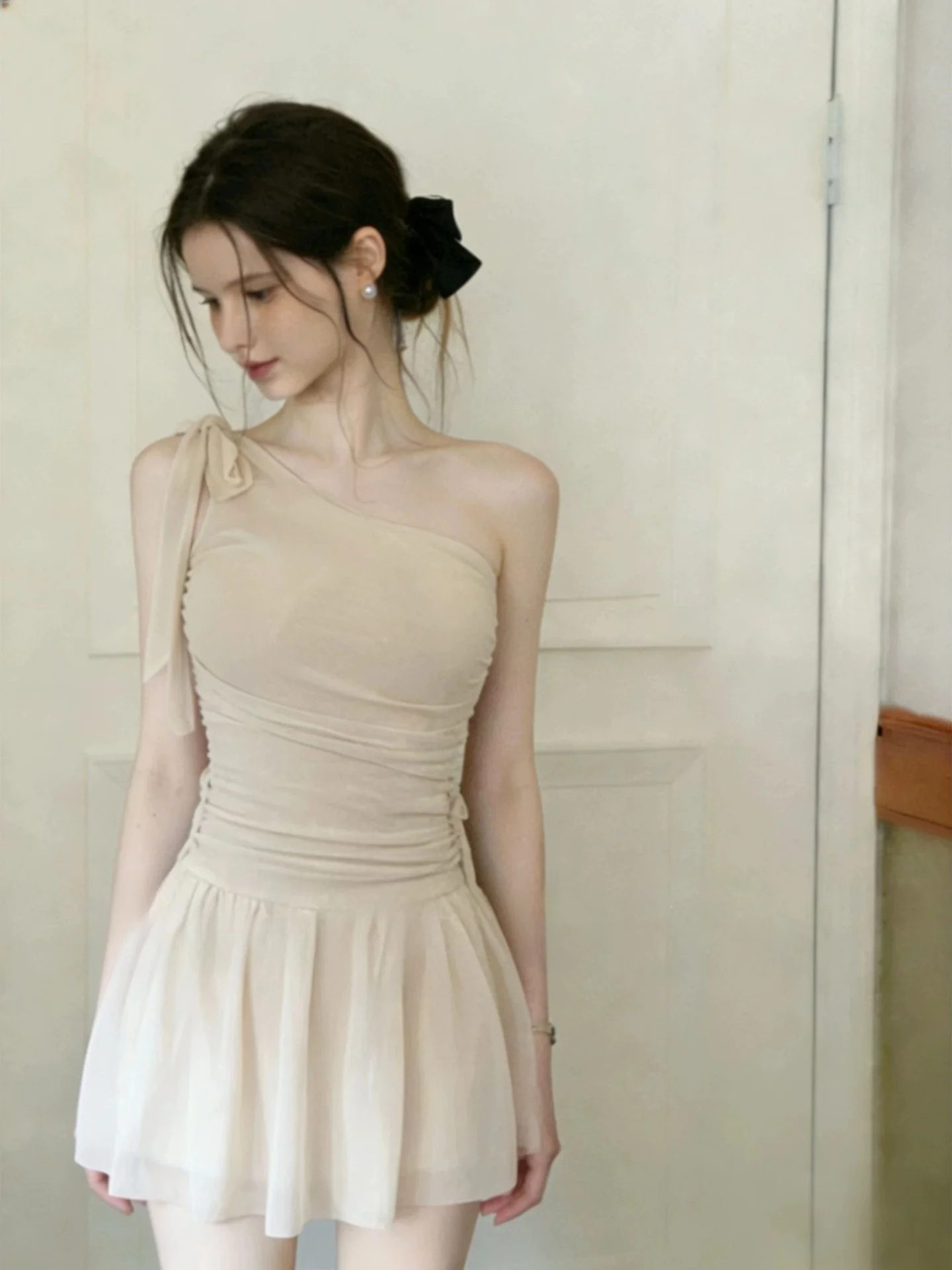 

Купальник в балетном стиле с милым узлом, на одно плечо, скрывающий живот, с эффектом похудения, из полиэстера, без спинки