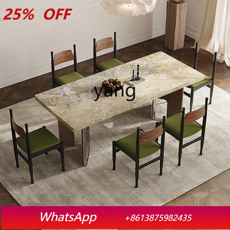 

LMMFrench retro travertine rock slab dining table and chair combination long hanging antique dining table