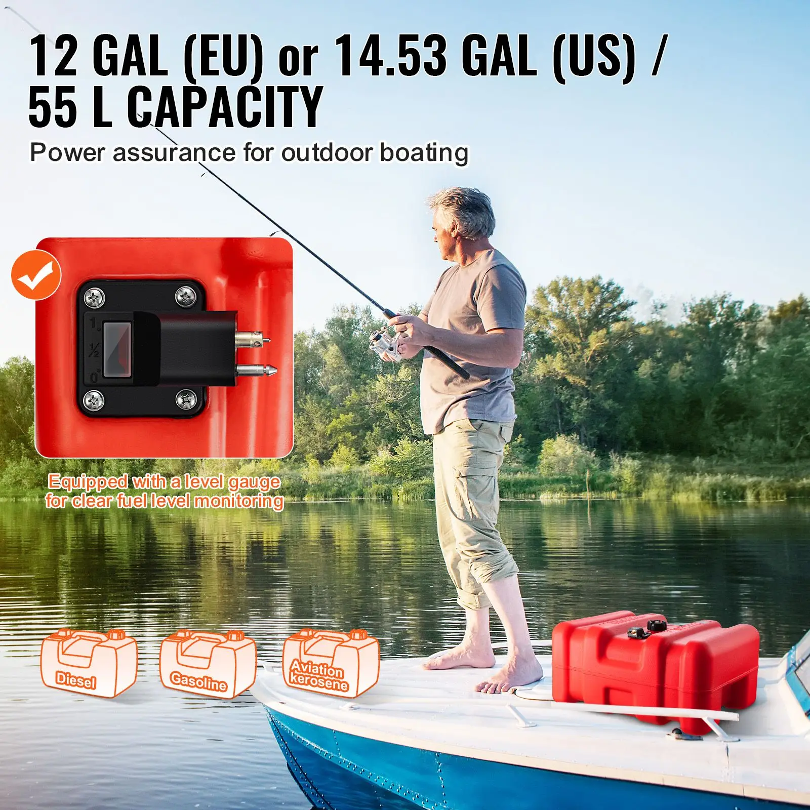 Portable Fuel Tank, 12 Gallon/55L, Plastic Outboard Marine Tank with Hose, Easy to Carry for Yacht, Fishing, Deck Boats, Red