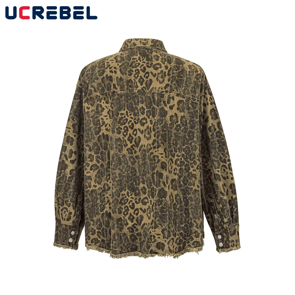 Leopard Print Long Sleeve Shirts Mens Autumn Vintage High Street Loose Single Breasted Lapel Raw Edge Shirts Men