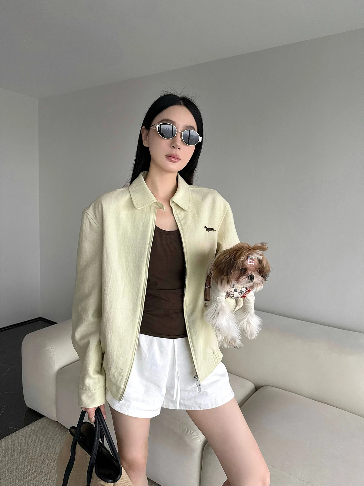 

ZhouMiao Harrington Dog Jaet Lenzing Blend Women's Breathable Skin-friendly Top Commute Sle Long Sve Zipper Closure