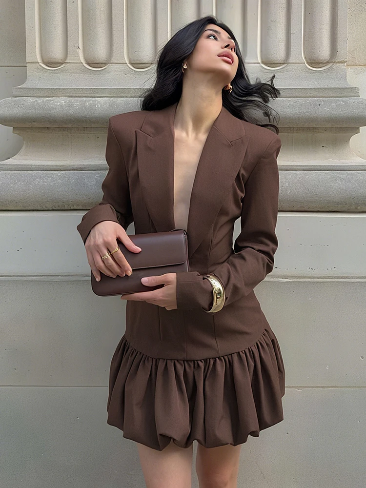 Kliou Office Style Mini Dress Woman Polo-Neck Full Sleeve Folds Patchwork Puffy Hem Daily Street Casual Simple Fashion Bodycon