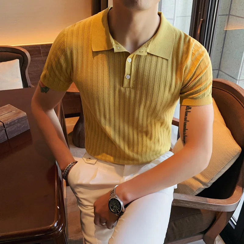 

New Summer Ice Silk Short Sleeve Knitted Polo Shirt Men Clothing Fashion Striped Lapel Slim Fit Casual Tee Shirt Top Polo Shirts