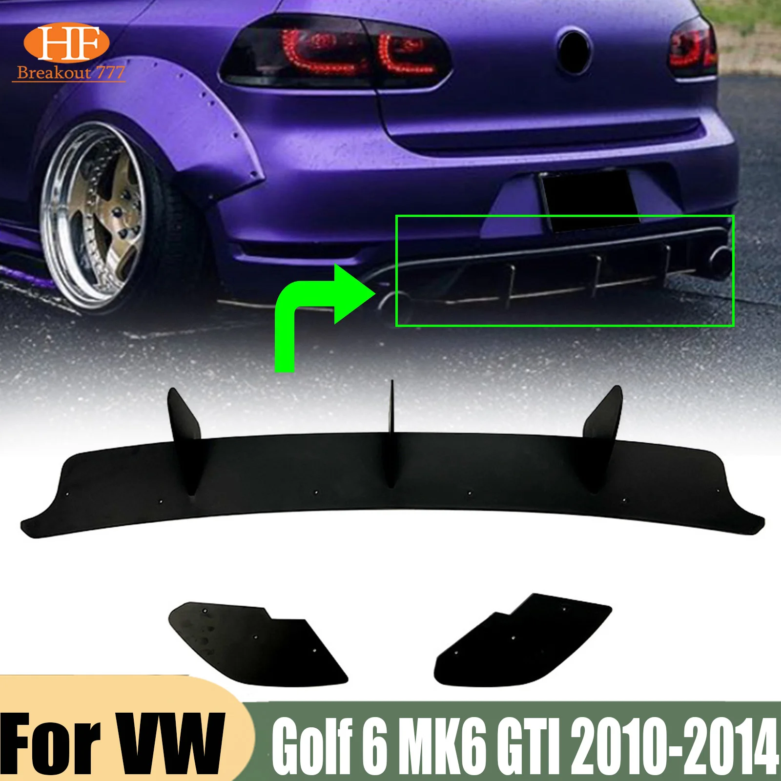 For VW Golf 6 MK6 GTI 2010-2014 Rear Bumper Lip Diffuser 3 Fin Valance Spoiler