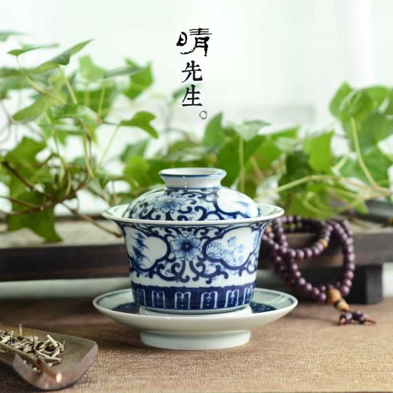 Plum Blossoms Orchids Bamboo and Chrysanthemum Handmade Cover Teacup Large Hand Painted Blue and White Jingdezhen Ceramic Tea Se