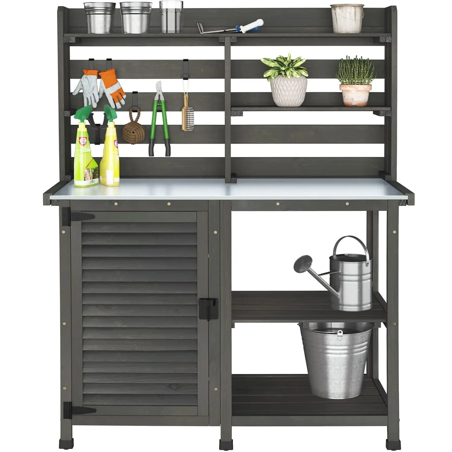 

Potting Bench Table Large Garden Outdoor Work Bench Metal Tabletop Workstation with Storage Cabinet Shelf Dark Grey