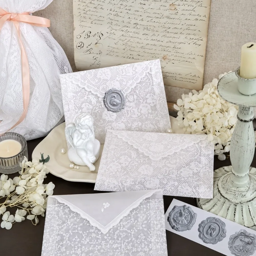 4pcs Per Set Lace Paper Envelope Paper Material Transparent Lace Wedding Invitation Envelopes Hollow Postcard Storage Bag