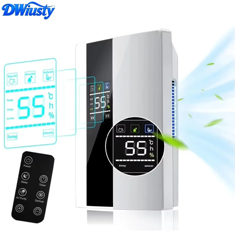Déshumidificateur et purificateur d'air DWiusty 2-en-1, absorbeur d'humidité domestique silencieux pour chambre à coucher, télécommande, minuterie, avec tuyau d'evacuation externe