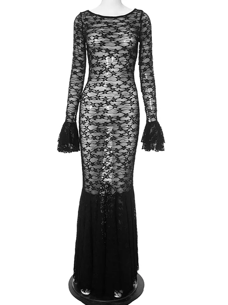 Sexy See Through Lace Women Long Mermaid Dress Long Sleeve Evening Dress Female Summer Skinny Elegant Party Clubwear