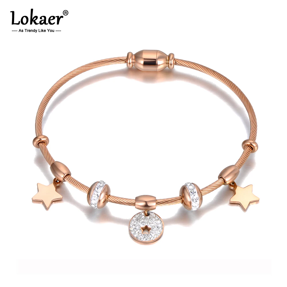 Lokaer Trendy Ton CZ Kristall Stern Charme Armbänder Armreif Für Frauen Edelstahl Link Kette Armband Für Geburtstag Geschenk B20020